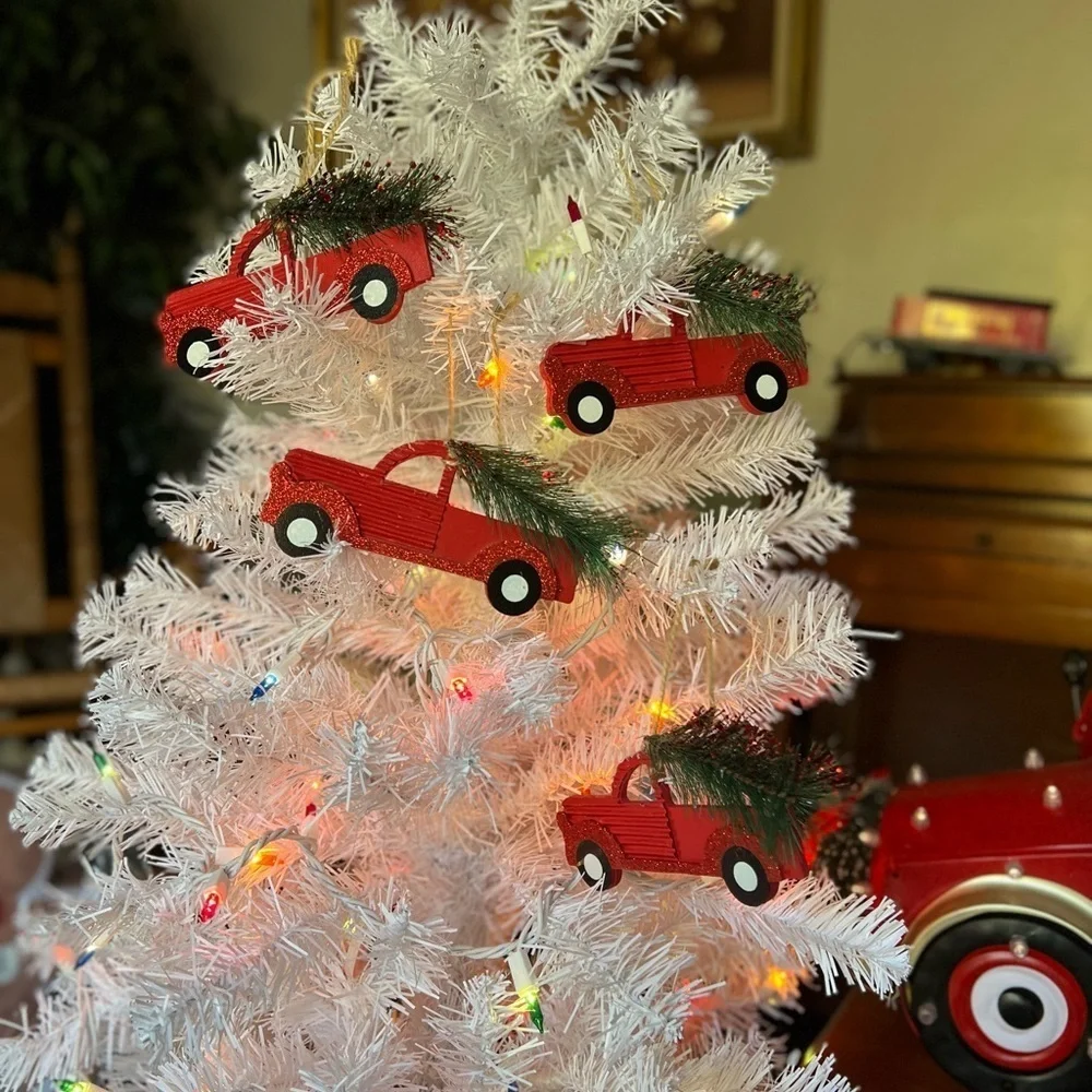 2x Christmas Red Truck Wooden Christmas Ornaments